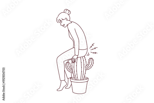 Black and white line art of woman sitting on cactus as hemorrhoid metaphor. Educational coloring page about medical discomfort and proctology health.