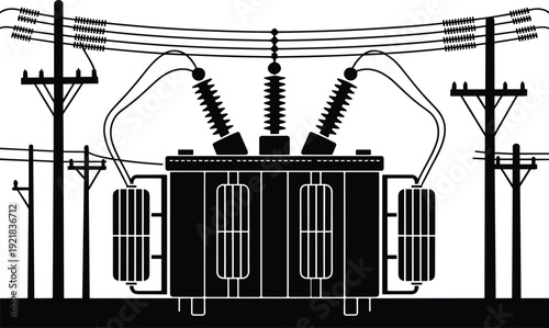 Electric power transformer on utility poles, vector illustration of high voltage distribution system, energy infrastructure, black and white engineering artwork