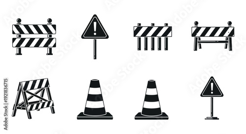 Black and white vector illustrations of road barriers cones and warning signs for construction zones