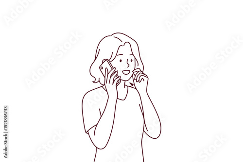 Black and white line art of girl talking on phone about first date. Concept of romantic conversation, first love, and pleasant news coloring activity.