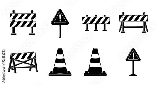 Collection of black and white road safety signs including barriers cones and warning symbols high quality