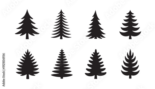 Pine tree silhouette minimal evergreen forest vector icon collection