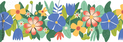 Horizontal floral border with stylized flat flowers and leaves in a repeating pattern of blue red yellow and green for decorative use