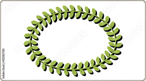 Oval frame composed of green leaves and stems casting subtle shadows on a white background wreath