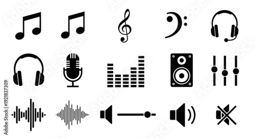 Collection of music and audio related icons and symbols.
