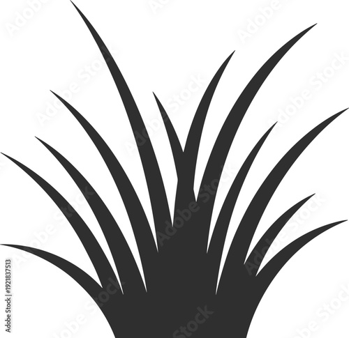Simple dark gray silhouette of a clump of grass blades fanning outwards from a central point on a white background
