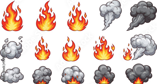 Set of cartoon fire and smoke elements for game or animation