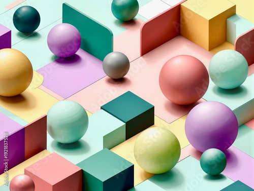 Spheres and blocks of varying sizes (mint, pink, lavender, yellow) are arranged on a multi-layered surface. Crisp shadows and soft gradients create a sense of volume and depth, ideal for backgrounds o