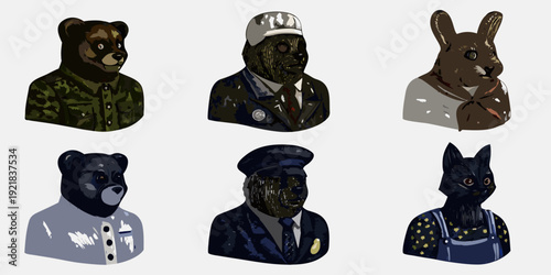 Animal heads with human clothing and accessories in a grid pattern