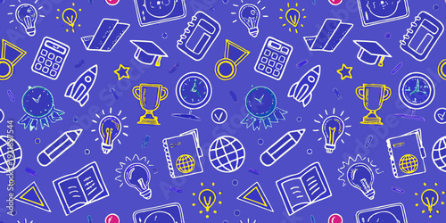 Education and innovation themed pattern with doodles on a blue background