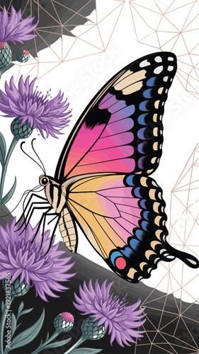 Vibrant swallowtail butterfly with colorful wings rests on purple cornflowers against a modern geometric background