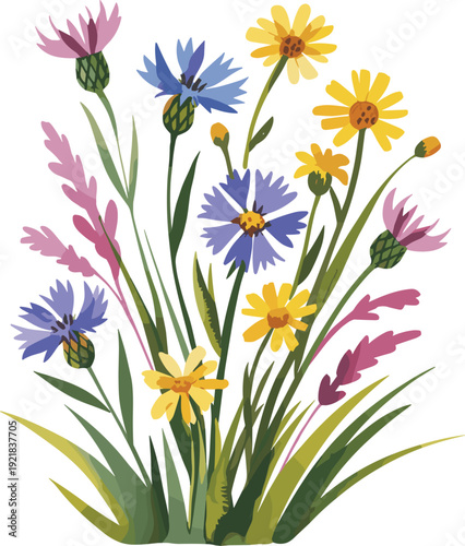 Watercolor of a vibrant bouquet of wildflowers including cornflowers daisies and other colorful blooms with green foliage