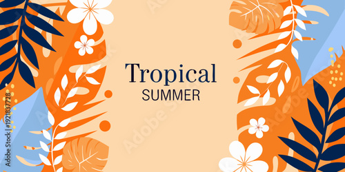 Vibrant tropical flowers and leaves create a summery decorative border