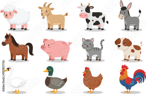 Cute Farm Animals Collection Including Cow Pig Horse Chicken Duck Vector Set