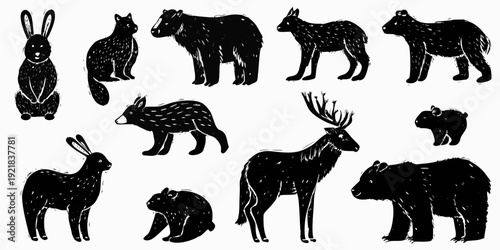 Stylized black silhouettes of various animals including deer bears and rabbits