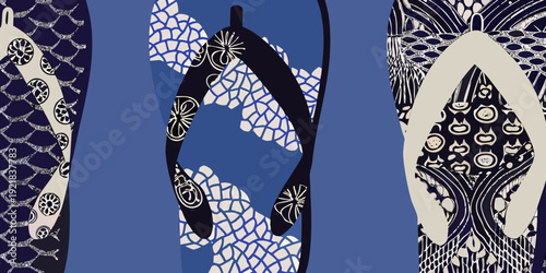 Close up of patterned japanese geta sandals in blue and white tones