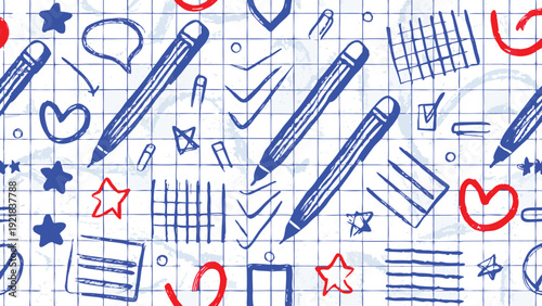 School Notebook Doodle Pattern – Hand Drawn Pens, Checkmarks, Hearts, Stars, Paper Sketch Background for Education Design & Stationery