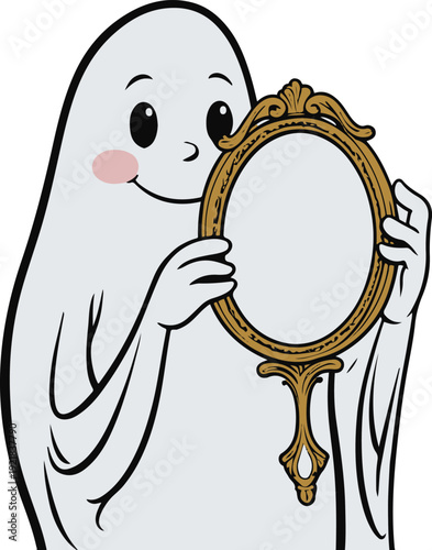 ghost holding small oval mirror, clear reflection viewing pose 1