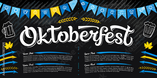 A chalkboard illustration celebrating oktoberfest with beer and festive decorations