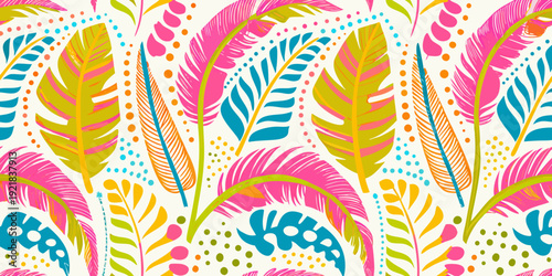 Colorful feather pattern with vibrant tropical and bohemian design elements