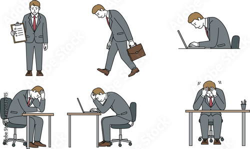 PBusinessman in corporate stress, holding clipboard, walking with briefcase, working on laptop, feeling frustrated, sitting at desk, emotional exhaustion