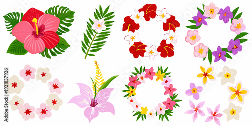 Colorful hibiscus flowers wreaths and tropical leaves arrangement on white