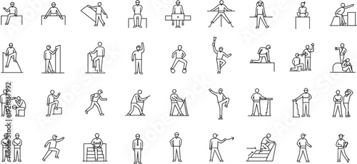 Businessman outline activity icons, line art people, working character poses, leadership training, teamwork sketch style, career development illustrations, business movement figures vector set