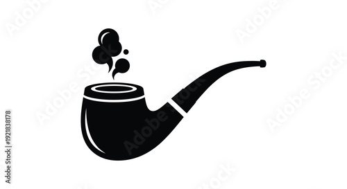 A black silhouette of a curved smoking pipe with rising smoke silhouette