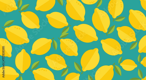 Vibrant lemon pattern with green leaves on turquoise background