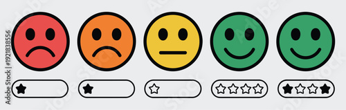 Emoji feedback rating scale with color coded faces from red sad to green happy, paired with 1 to 5 star rating bars, vector illustration for surveys, customer reviews, satisfaction analysis, and user 