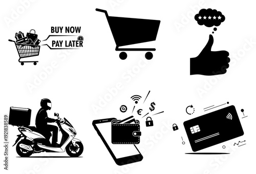 Silhouette vector pack of shopping, delivery, finance, and technology icons for e-commerce and business design