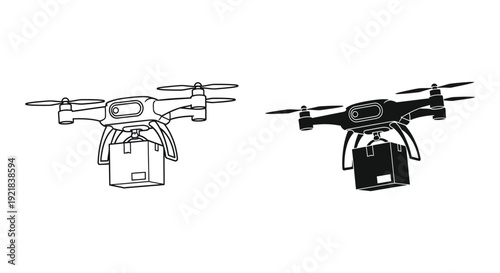Two delivery drones with packages outlined in a stark black and white silhouette