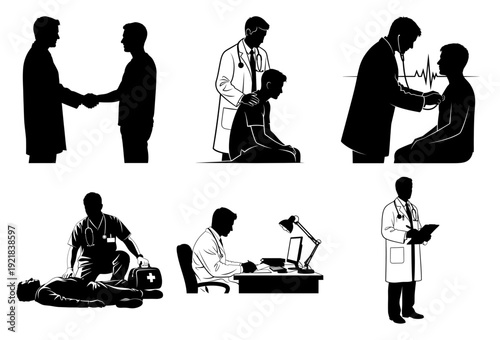Silhouette vector pack of business professionals and medical workers in various activities flat design illustration