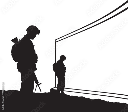Soldiers Standing Guard Silhouette Against Large Screen