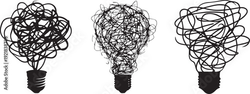  hand-drawn tangled knot of lines in the shape of a lightbulb. Collection set of Black light bulb symbolising confused idea icons set vector silhouette