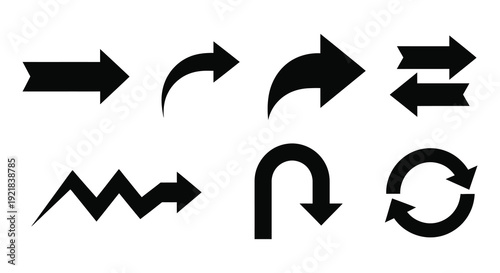 Variety of black arrow shapes and curved lines a graphic silhouette