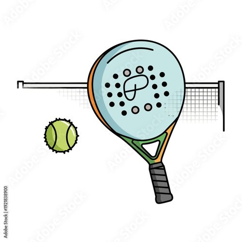 Padel Racket and Ball on Court Net Background, Sports Equipment Concept