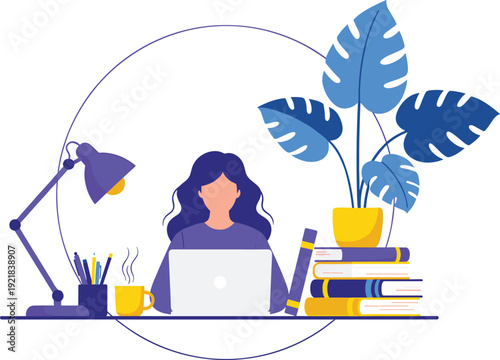 Woman Working on Laptop at Desk with Books Flat Vector Illustration