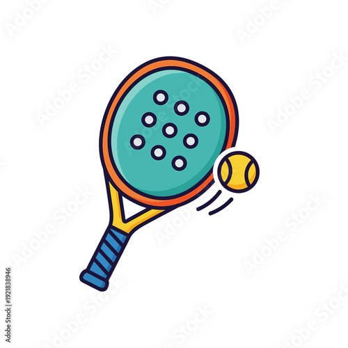 Colorful Padel Racket and Ball Icon, Sports Equipment Vector Illustration