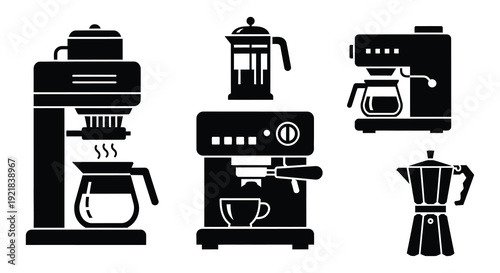 Various coffee makers displayed in a striking black silhouette high quality