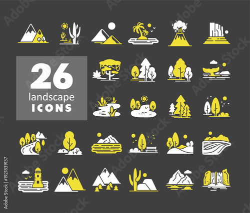 Nature Landscape vector icons on dark background