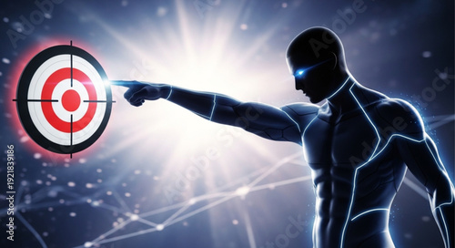 Futuristic robot aiming at a target with glowing eyes.