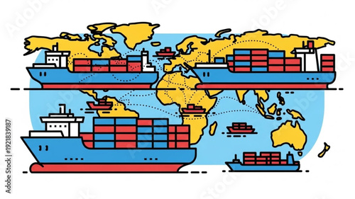 Global shipping industry with container ships on world map.