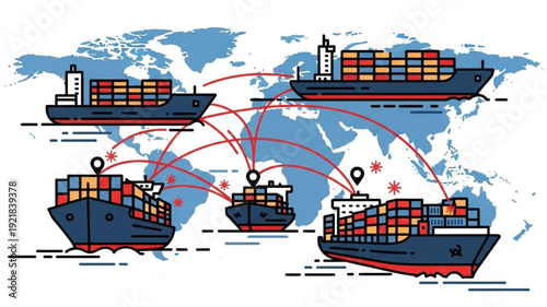 Global shipping logistics with container ships connecting continents.