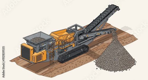 Heavy Machinery Crushing Stone into a Pile.