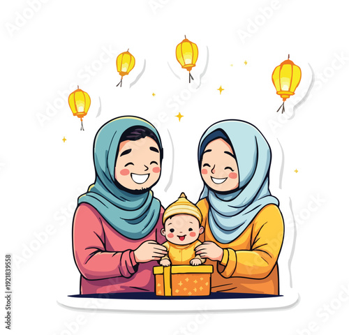 Family festive vector illustration with parents baby gift lanterns stars cultural attire joyful tradition unity celebration and spiritual harmony