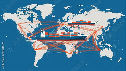 Global shipping routes connecting continents with cargo ships.