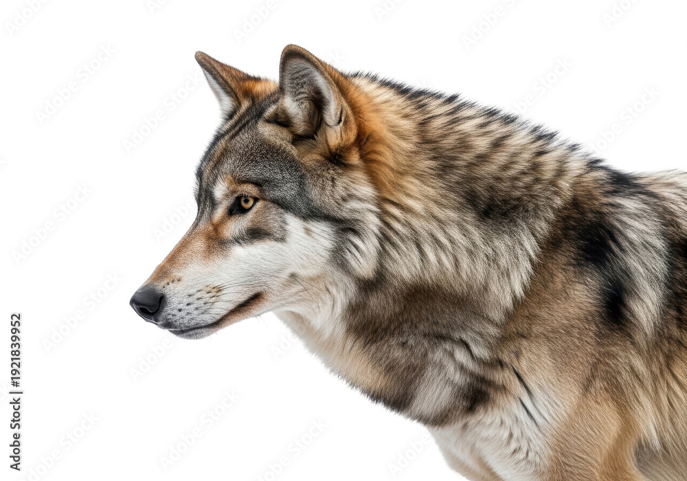 Fototapeta premium Close-up profile of a majestic wolf with detailed fur and piercing amber eyes