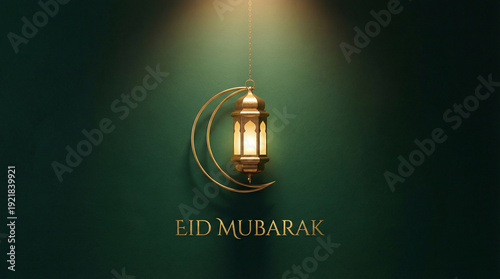 Dark Emerald Eid Mubarak Background with Golden Lantern - عيد فطر مبارك