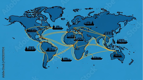 Global shipping routes illustrated on a world map with cargo ships.